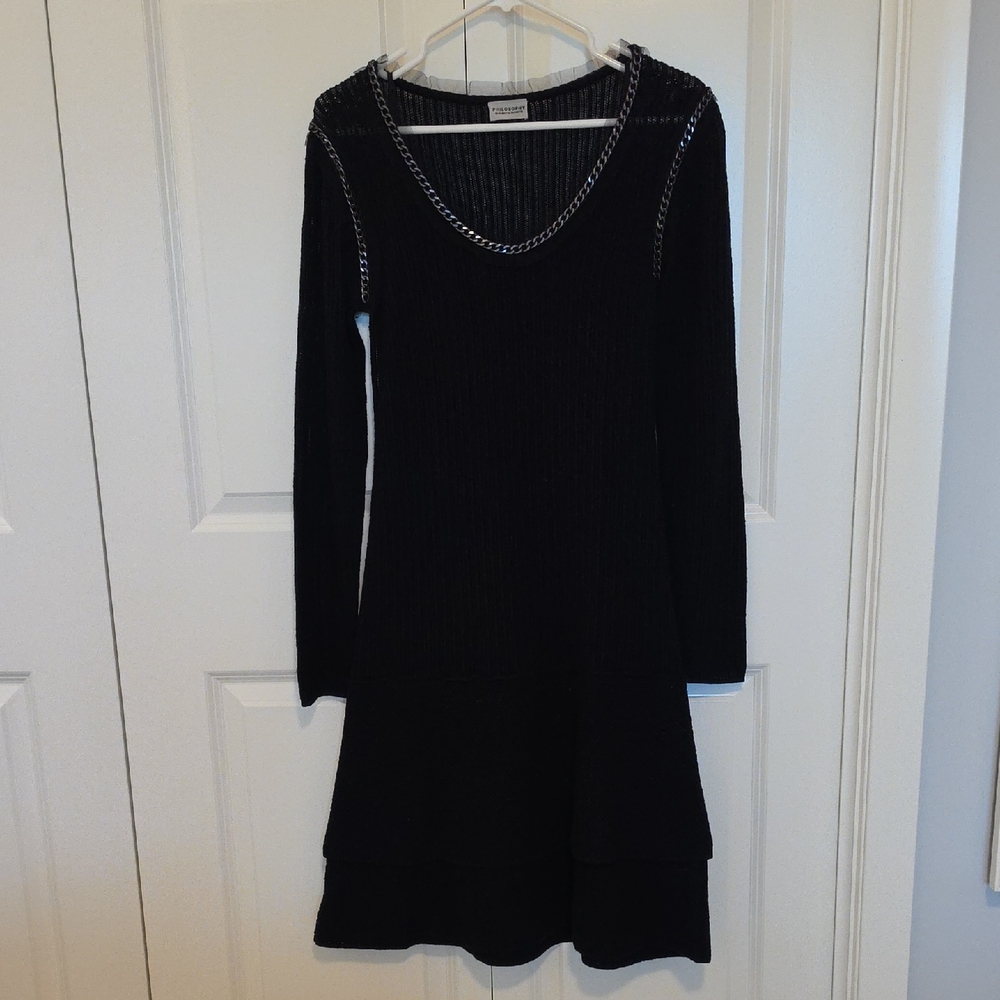 Philosophy by Alberta Ferretti Black Long-Sleeve Knit Dress with Chain Trim